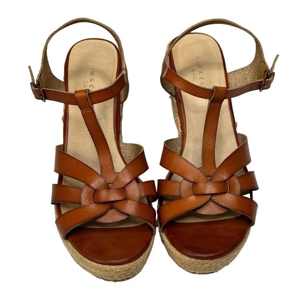 ROCK & CANDY by ZIGI Cognac Leather Espadrilles Platform Wedge Sandals Size 10